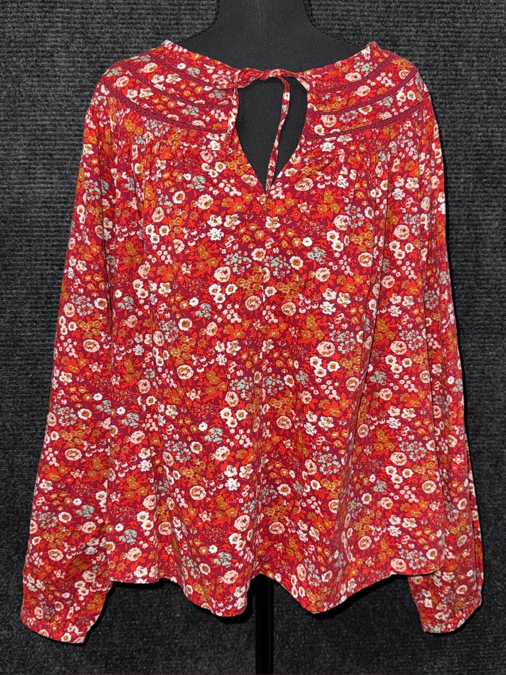 Red Ditsy Floral Tie Neck Peasant Top Prairie Blouse Cottagecore Shirt Sz Medium